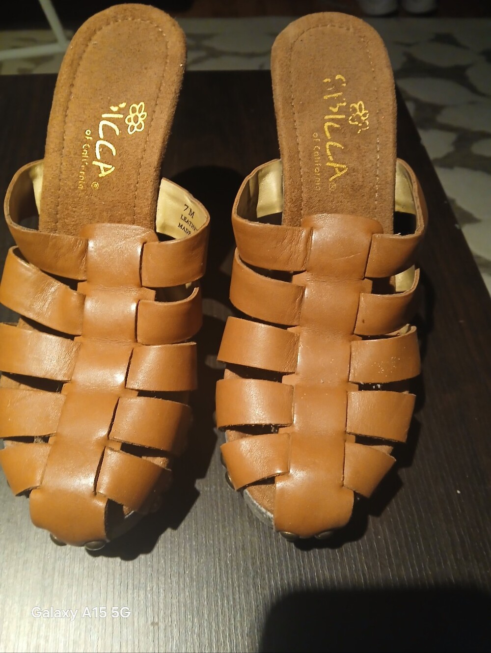 Women's Tan Leather Woven Slide Sandals